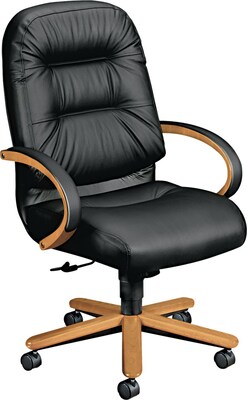 HON® Pillow-Soft® 2190 Series Exec High-Back Chair, Leather, Seat: 22W x 21D, Back: 23-1/2H x 22W, Harvest Oak/Blk