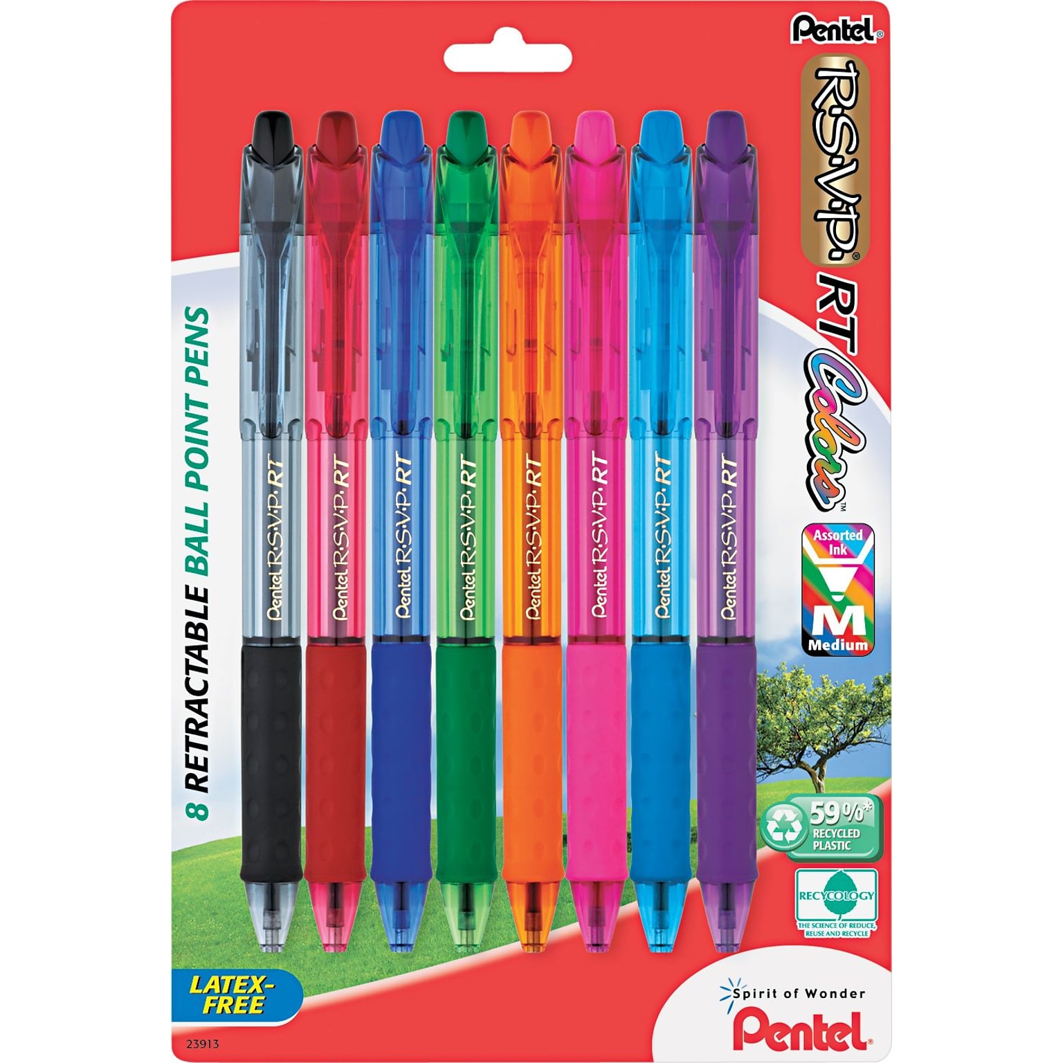 Pentel R.S.V.P.® RT Retractable Ballpoint Pen, Medium Point, Assorted Ink, 8/Pack (BK93CRBP8M)