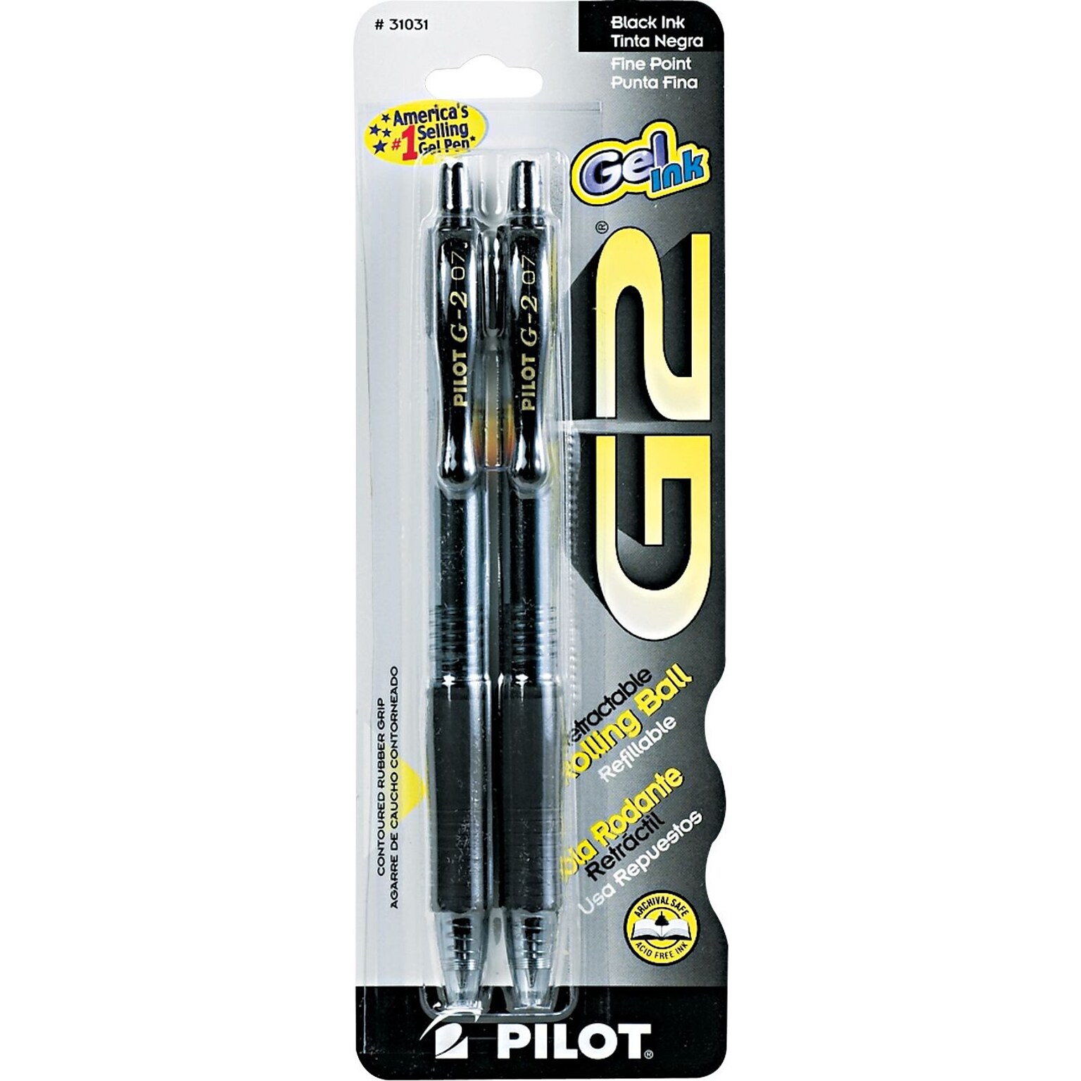 Pilot G2 Retractable Gel Pens, Fine Point, Black Ink, 2/Pack (31031)