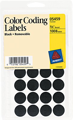Avery Removable Self-Adhesive Color-Coding Round Labels, 28 Labels Per Sheet, Black, 3/4" Diameter, 1,000 Labels/Pk
