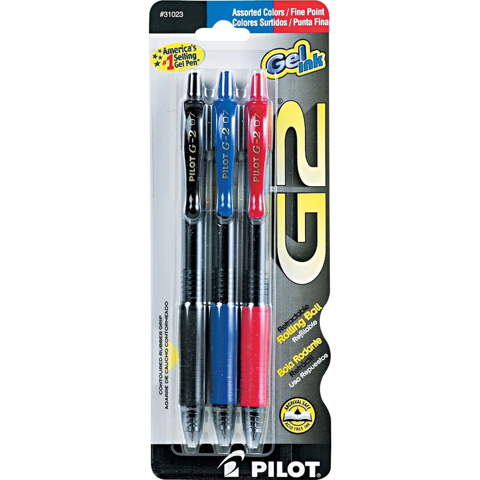 Pilot G2 Retractable Gel Pens, Fine Point, Assorted Ink, 3/Pack (31023)