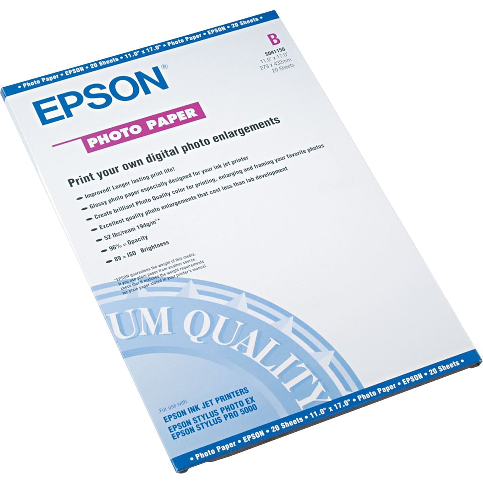 Epson Glossy Photo Paper, 11 x 17, 20 Sheets/Pack (S041156)