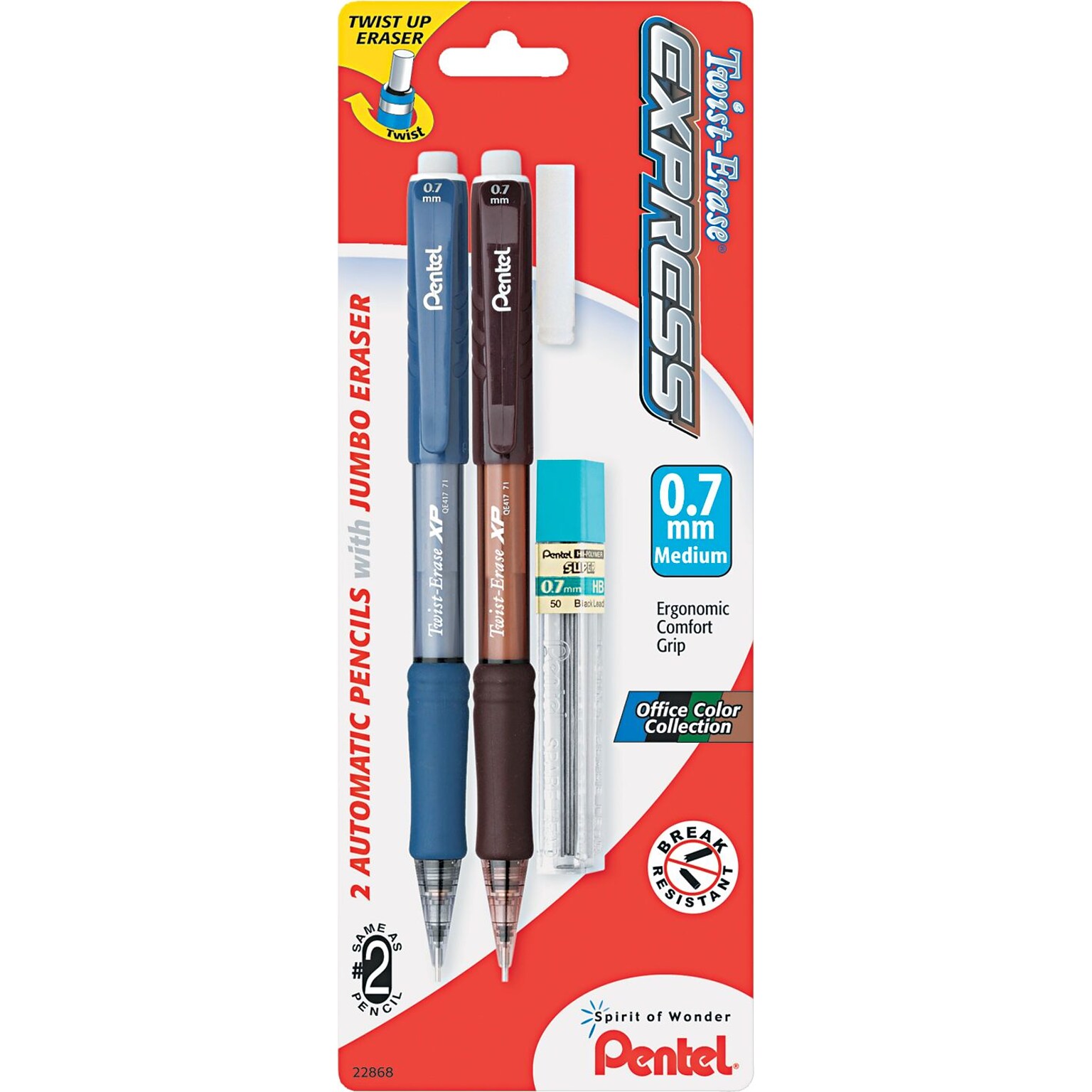 Pentel Twist-Erase EXPRESS Mechanical Pencil, 0.7mm, #2 Medium Lead, 2/Pack (QE417LEBP2)