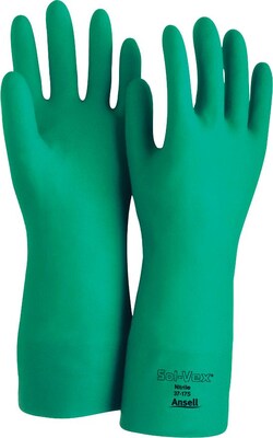 Ansell® Sol-Vex® Unsupported Nitrile Gloves, Flock Lined, Straight Cuff, Size 9, Green, 12 Pair/Box