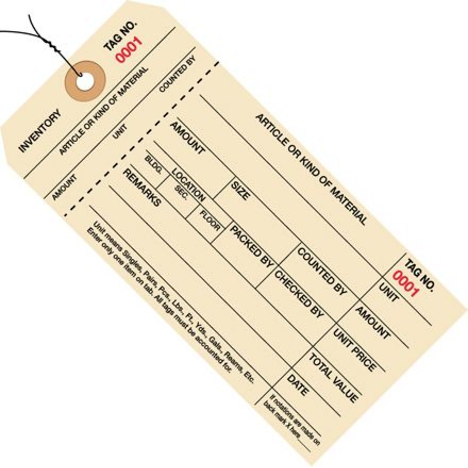 Quill Brand® - 6 1/4 x 3 1/8 - (1000-1999) Inventory Tags 1 Part Stub Style #8 - Pre-Wired, 1000/Case