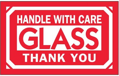Tape Logic Glass - Handle With Care Thank You Shipping Label, 3 x 5, 500/Roll