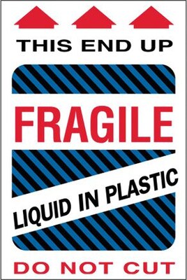 Tape Logic® Labels, Fragile - Liquid in Plastic, 4 x 6, Multiple, 500/Roll