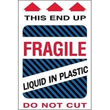 Tape Logic® Labels, Fragile - Liquid in Plastic, 4 x 6, Multiple, 500/Roll