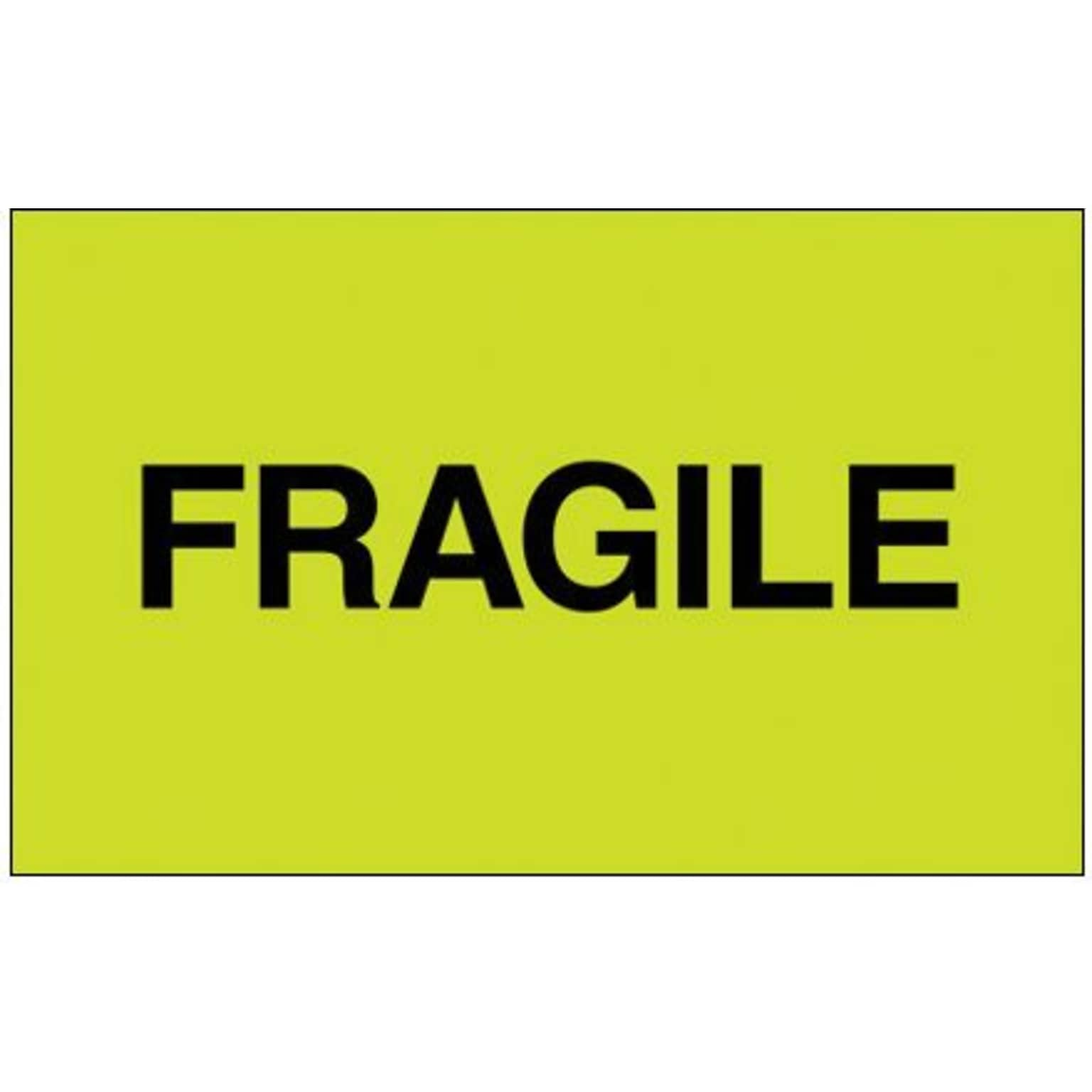 Tape Logic® Labels, Fragile, 3 x 5, Fluorescent Green, 500/Roll