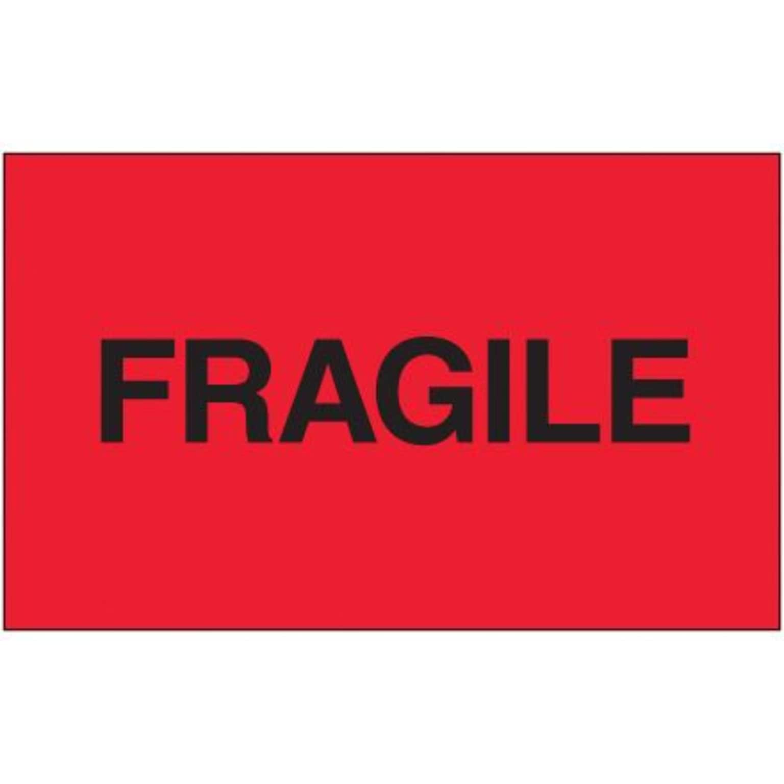 Tape Logic® Labels, Fragile, Fluorescent Red, 3 x 5, 500/Roll