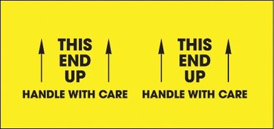 Tape Logic Labels, This End Up - Handle With Care, 3 x 10, Fluorescent Yellow, 500/Roll