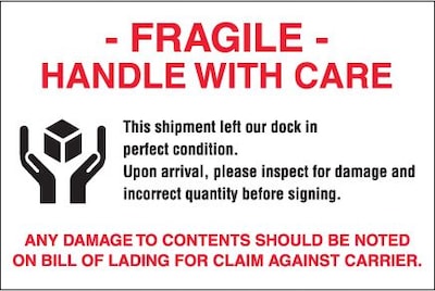 Tape Logic Labels, Fragile - Handle With Care, 4 x 6, Red/White/Black, 500/Roll