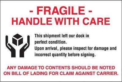 Tape Logic Labels, Fragile - Handle With Care, 4 x 6, Red/White/Black, 500/Roll