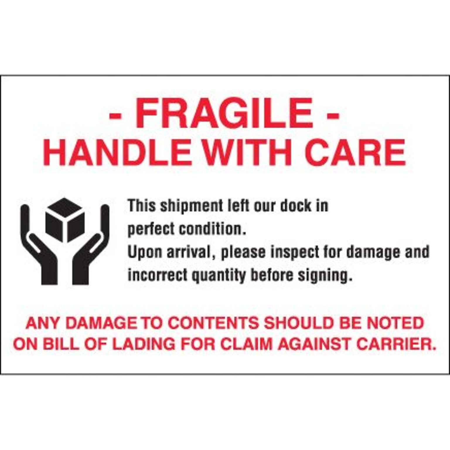 Tape Logic Labels, Fragile - Handle With Care, 4 x 6, Red/White/Black, 500/Roll