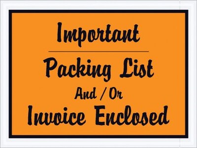 Quill Brand Packing List Envelope, 4 1/2 x 6 - Orange Full Face, Important Packin, 1000/Case