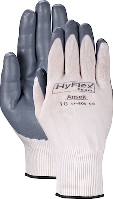 Ansell® HyFlex® Coated Gloves, Foam Nitrile, Knit-Wrist Cuff, Size 8, White/Grey, 12 Pair/Box