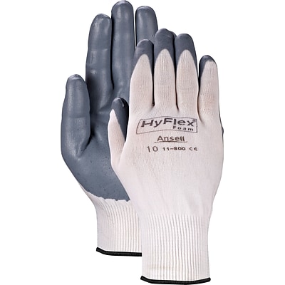 Ansell® HyFlex® Coated Gloves, Foam Nitrile, Knit-Wrist Cuff, Size 8, White/Grey, 12 Pair/Box