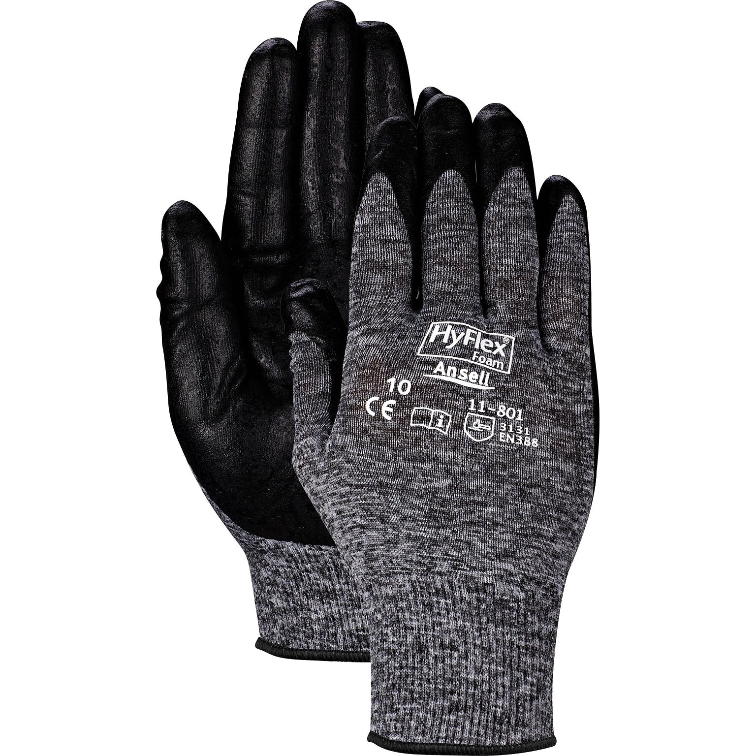 Ansell® HyFlex® Coated Gloves, Foam Nitrile, Knit-Wrist Cuff, Size 10, Grey, 12 Pair/Box
