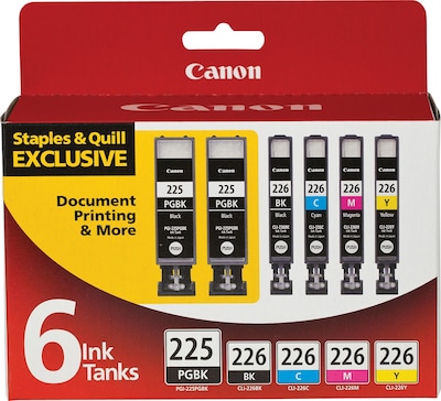 Canon 225/226 Black/Photo Black/Cyan/Magenta/Yellow Standard Yield Ink Cartridge, 6/Pack (4530B012)