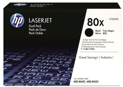 HP 80X Black High Yield Toner Cartridge, 2/Pack (CF280XD)