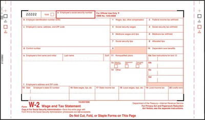 TOPS® W-2 Tax Form, 4 Part, White, 9 1/2 x 5 1/2, 100 Forms/Pack