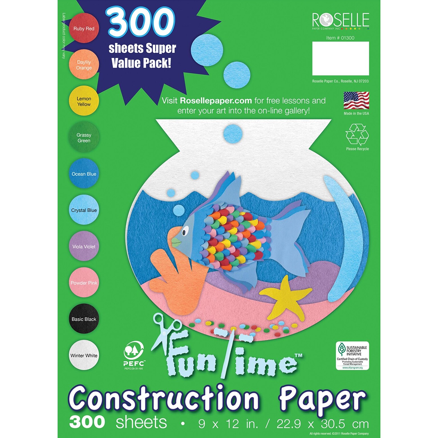 Roselle Vibrant Art Heavyweight Construction Paper, 76 lb., Assorted, 9 x 12, 300/Pk