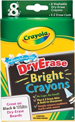 Dry Erase Crayons, Washable, Assorted Bright, 8/Pk