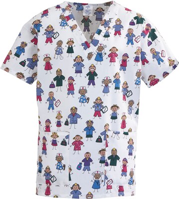 Medline ComfortEase Ladies Poly & Cotton Scrub Top, Stick People Print, XL