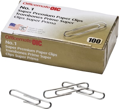 Officemate Premium #1 Paper Clips, Silver, 100 Clips/Box, 10 Boxes/Pack (99910)