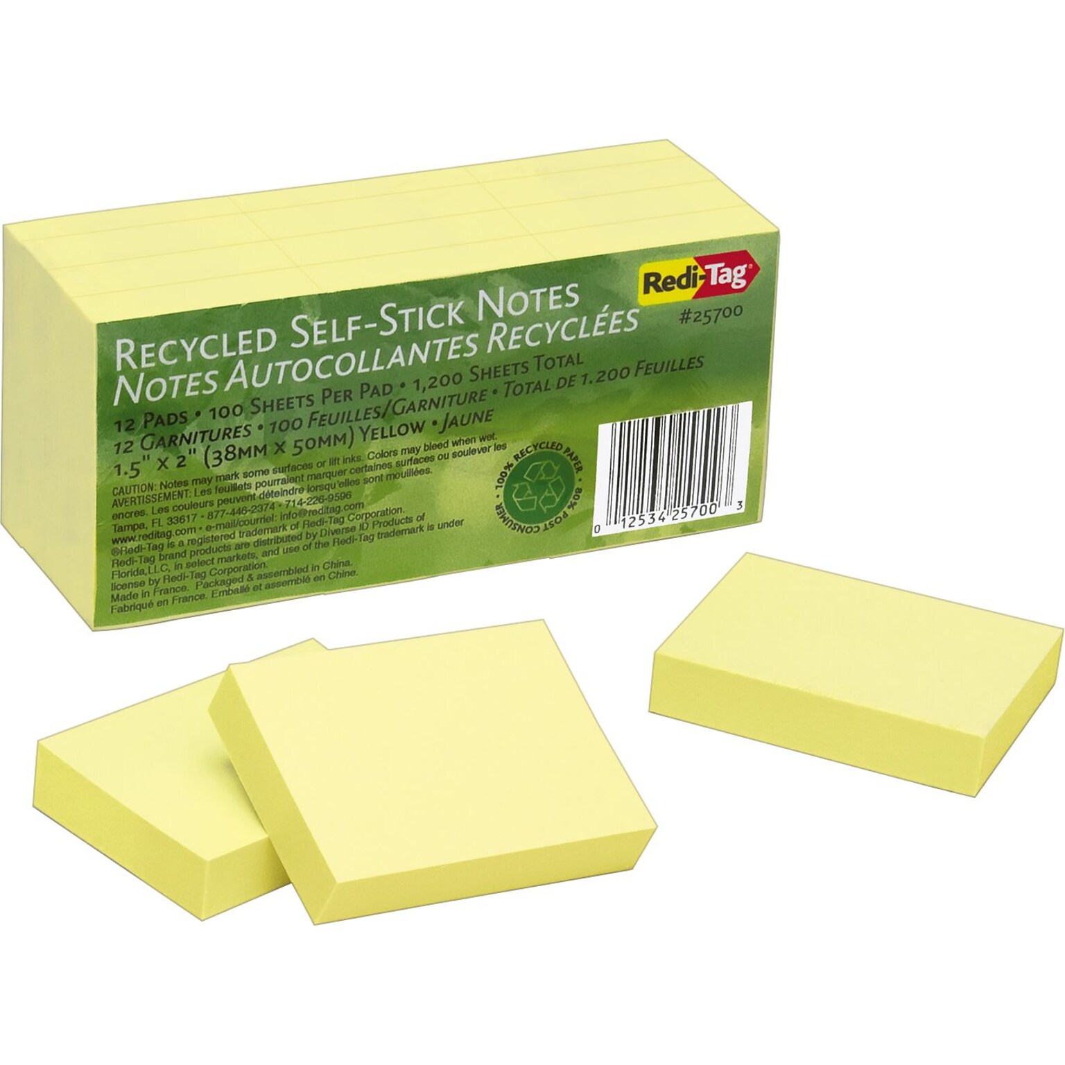 Redi-Tag® Recycled Self-Stick Notes, Blank, Yellow, 1 1/2 x 2, 12/Pk