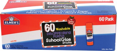 Elmer's Disappearing Purple Washable Removable Glue Sticks, 0.24 oz., Purple, 60/Pack (E503)