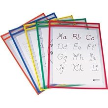 Reusable Dry Erase Pockets, 9 x 12, Assorted Primary Colors, 5/Pack