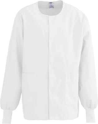 Medline ComfortEase Unisex Two-pockets Warm-up Scrub Jackets, White, Large | Quill