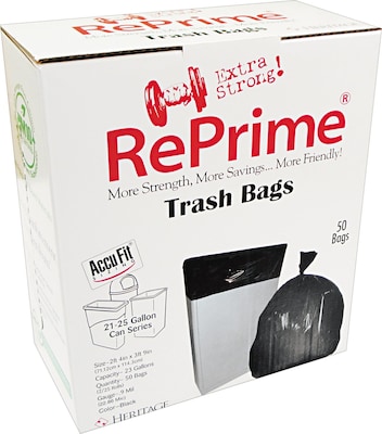 Heritage Accufit 23 Gallon Trash Bags, Low Density, 0.9 Mil, Black, Pack of 50 (H5645TKRC1)