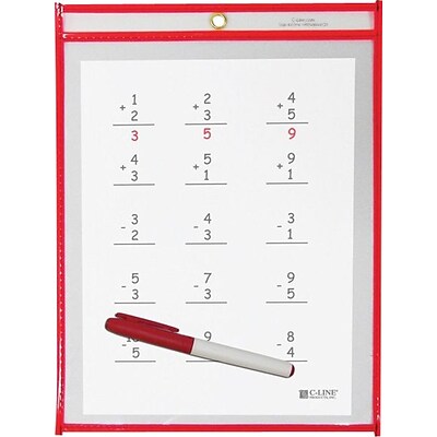 C-Line Reusable Dry Erase Pocket, Red, 9 x 12, 30/Bx