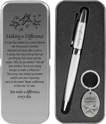 Baudville Pen and Key Chain Gift Set in Tin, Making a Difference, Silver (139766131)