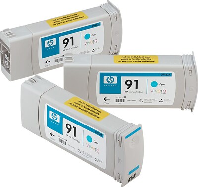HP 91 Cyan Ink Cartridges (C9483A), 775ml, 3/Pack