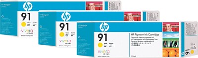 HP 91 Yellow Ink Cartridges (C9485A), 775ml, 3/Pack