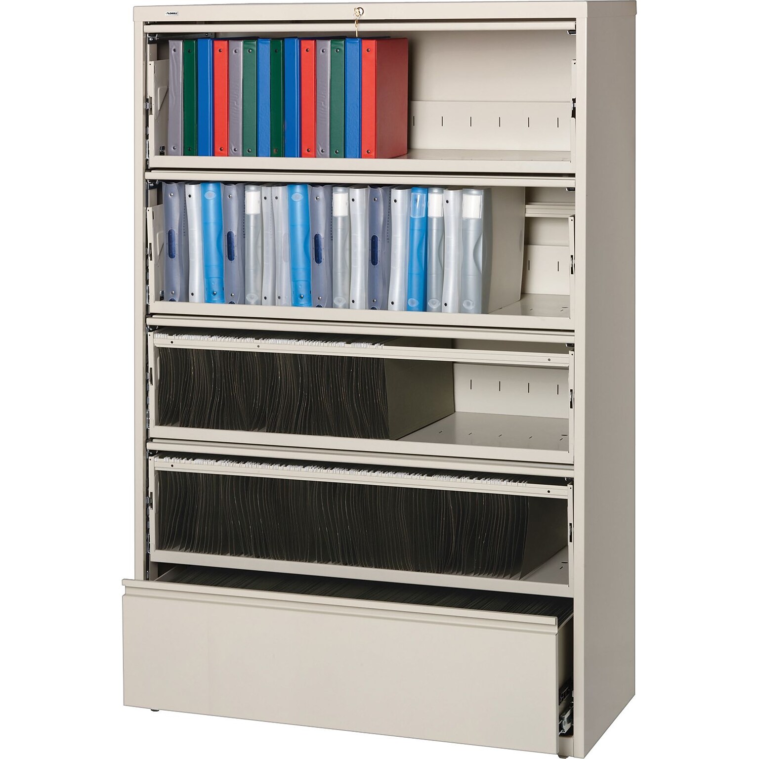 Lorell Fortress Series 5-Drawer Lateral File with Roll-Out Shelf, Putty (LLR43516)