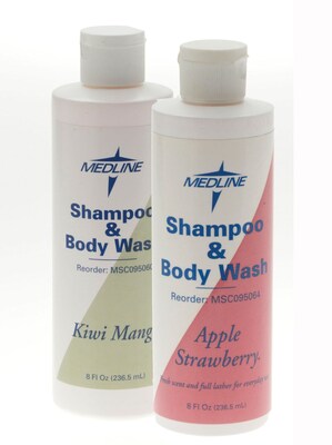 Medline Apple Strawberry Fragranced Shampoo and Body Wash, 8 oz, 48/Pack, Flip Top Bottle