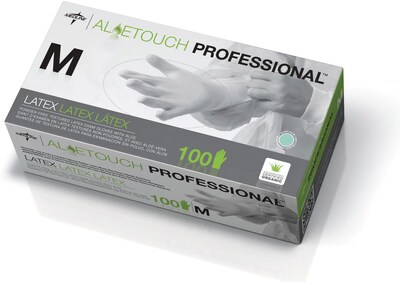 Aloetouch® Latex Exam Gloves, Green, Medium, 9" L, 100/Box