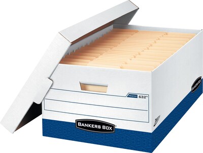 Bankers Box Presto Heavy-Duty Instant Assembly File Storage Boxes, Lift-Off Lid, Legal Size, White/Blue, 4/Ct (0063202)