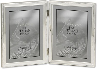 Polished Silver Plate 5x7 Hinged Double Picture Frame - Bead Border Design