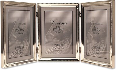Polished Silver Plate 5x7 Hinged Triple Picture Frame - Bead Border Design