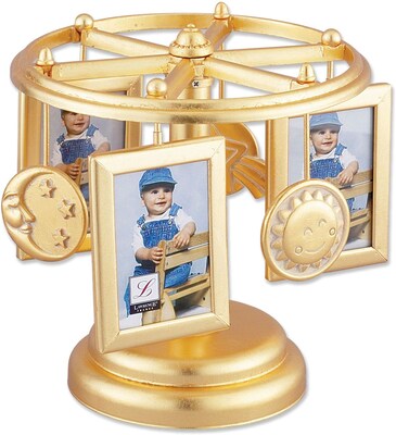Wind Up Musical Carousel Picture Frame - Gold Sun, Moon, and Stars Design - Holds 6 2x3 Photos