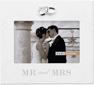 6x4 Ivory Wood Mr. And Mrs. Wedding Picture Frame - Silver Interlocked Rings Ornament with Crystals
