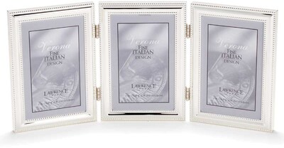 4x6 Hinged Triple (Vertical) Metal Picture Frame Silver-Plate with Delicate Beading