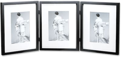 Black Wood 8x10 Hinged Triple Picture Frame - Comes with Bevel Cut Mats for 5x7 Photos