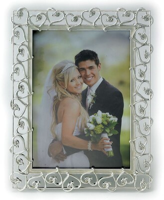 5x7 Silver Plated Metal Picture Frame - Open Heart Design with Crystals and Ivory Enamel