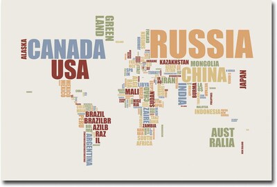 Trademark Global Michael Tompsett World Text Map Canvas Art, 30 x 47